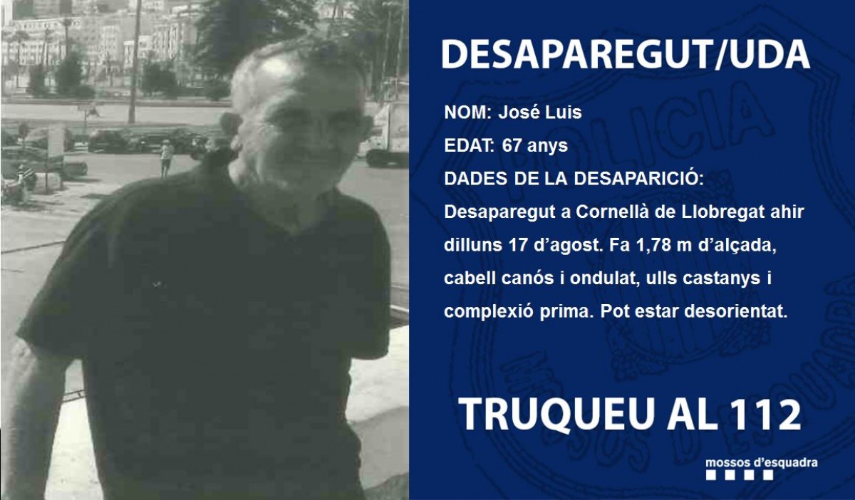 Busquen un home de 67 anys desaparegut a Cornellà