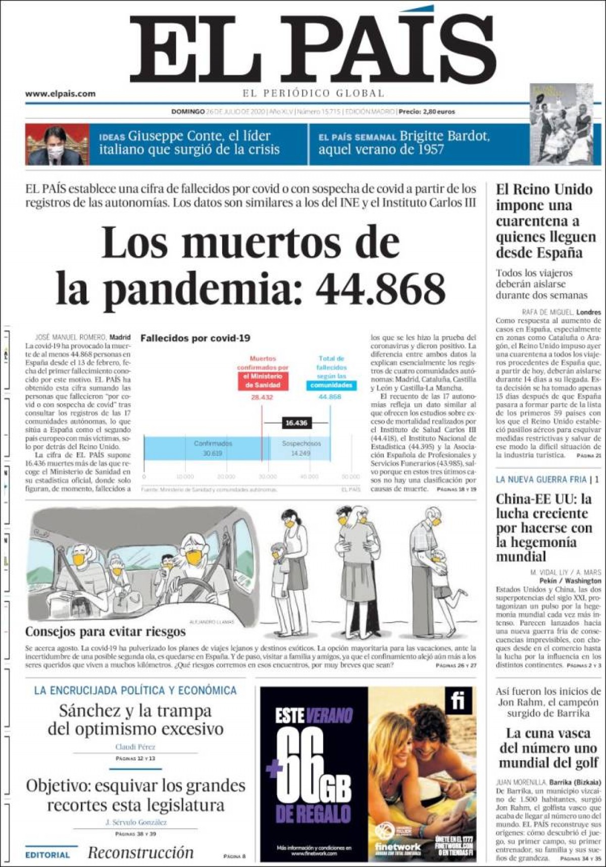 PORTADES «Els morts per la pandèmia: 44.868», a «El País»