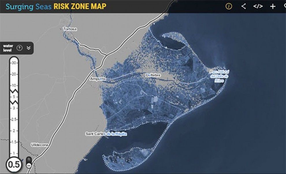 Un mapa interactiu mostra el delta de l'Ebre inundat arran del canvi climàtic