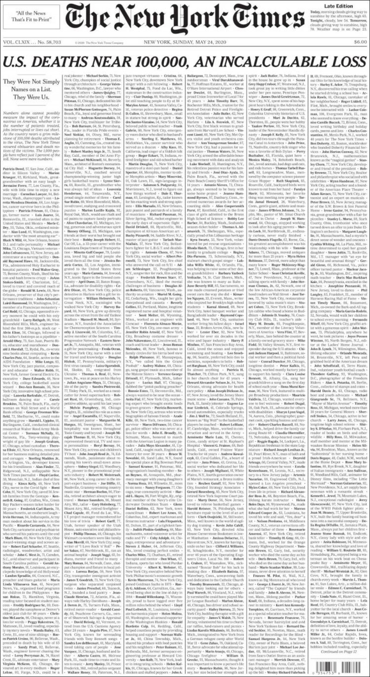 La corprenedora portada del «The New York Times» en record a les víctimes del coronavirus