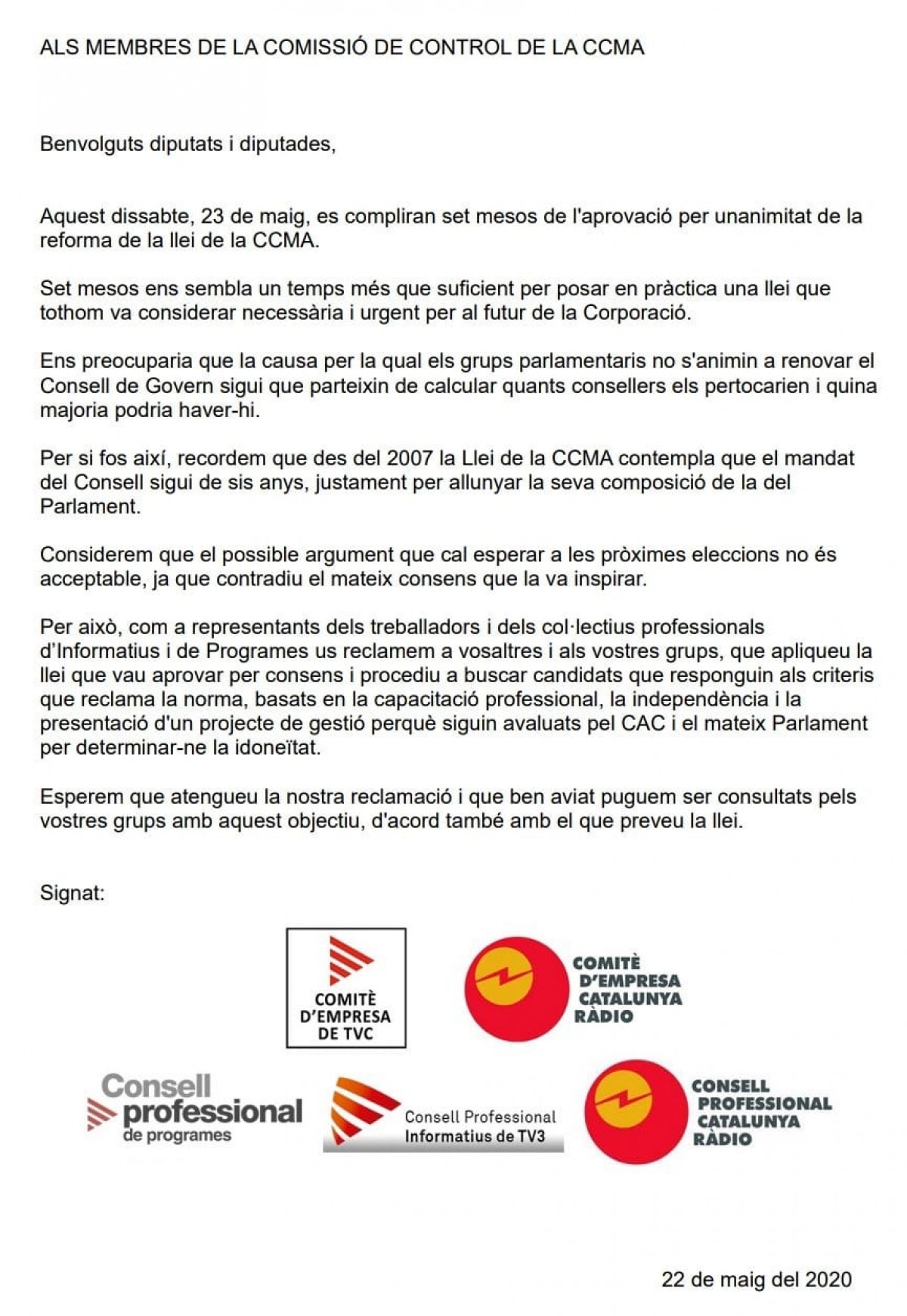 Els treballadors de la CCMA demanen renovar ja el Consell de Govern
