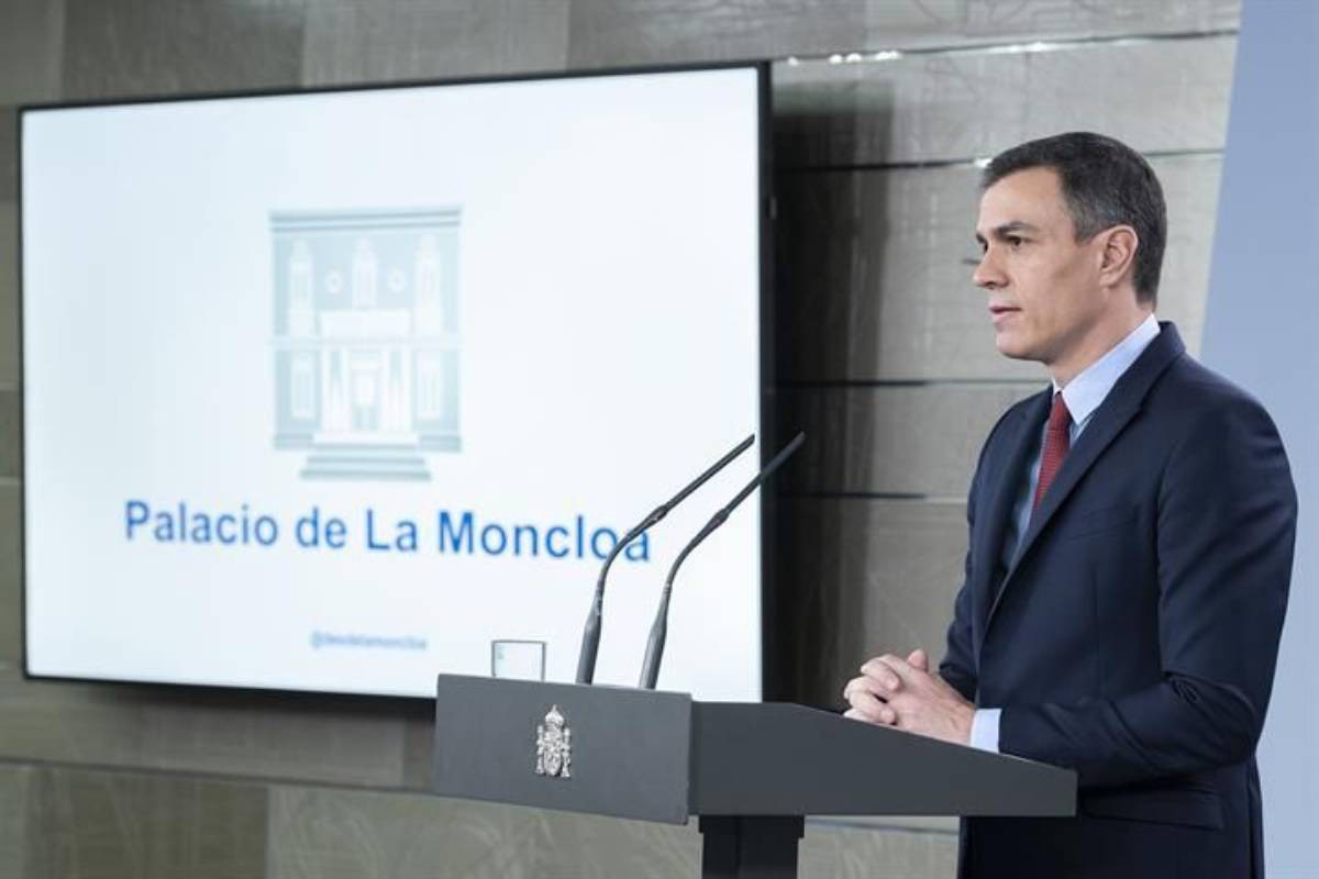 Pedro Sánchez, aquest dissabte, durant la roda de premsa. - Moncloa