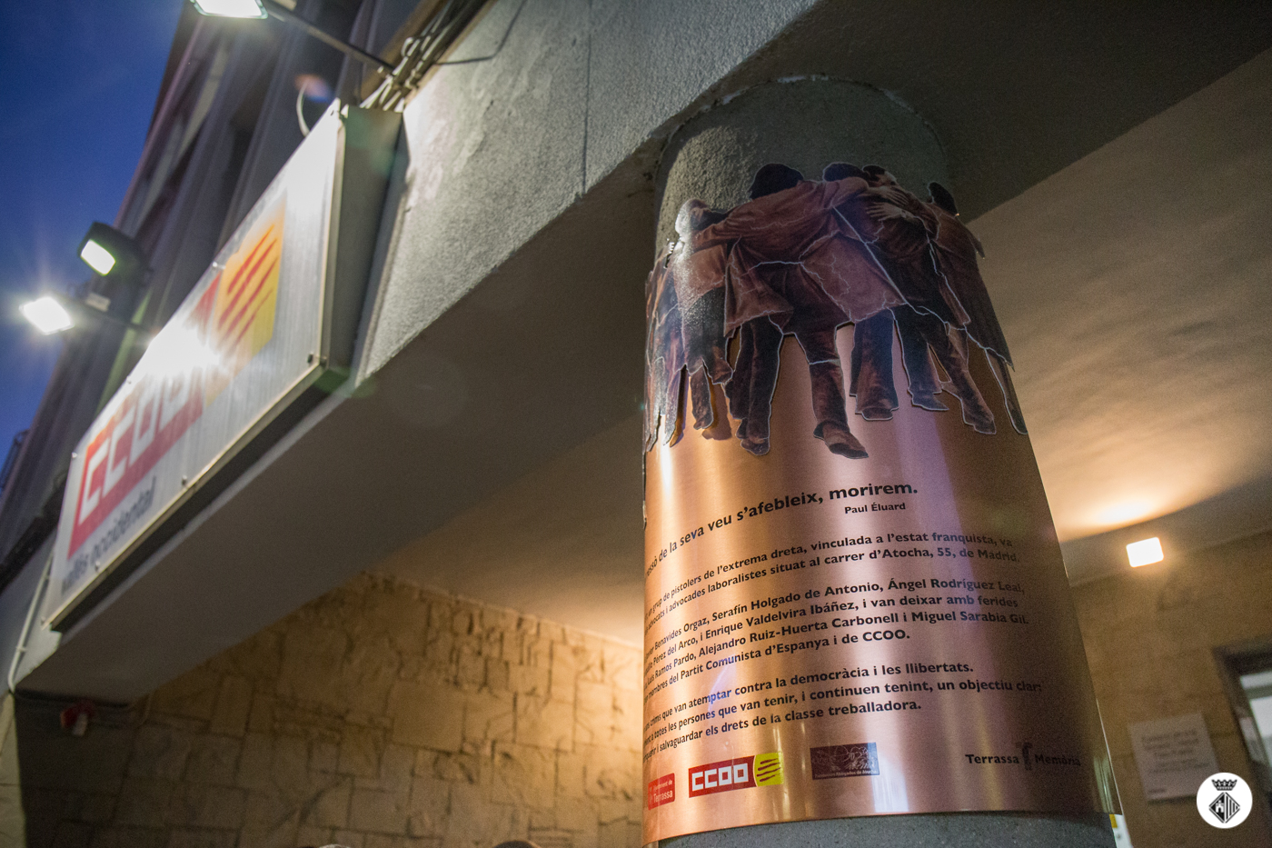 Roben la placa de CCOO Terrassa en homenatge als advocats d'Atocha