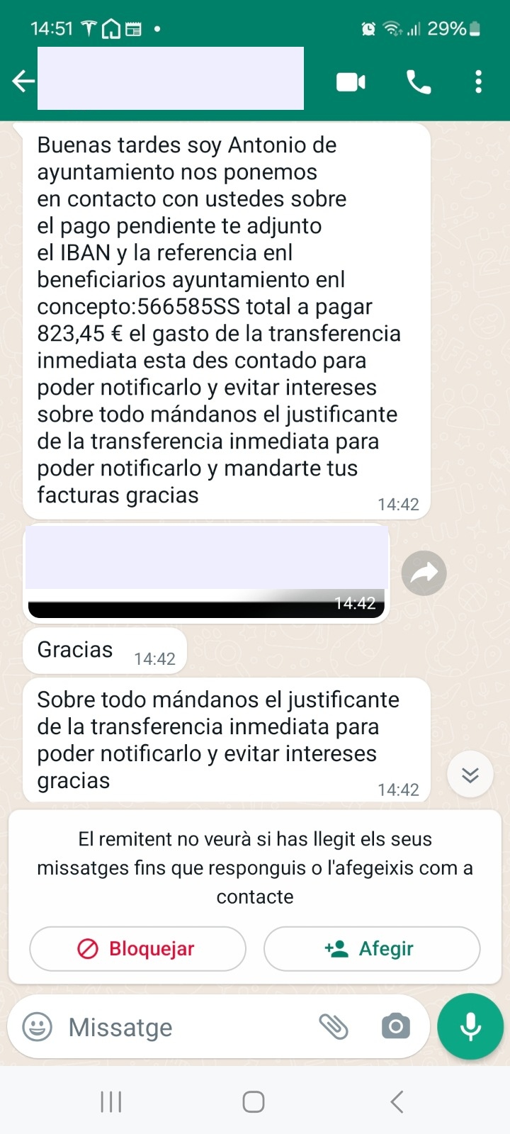 Alerta per un missatge a whatsapp demanant fer un pagament en nom de l'Ajuntament