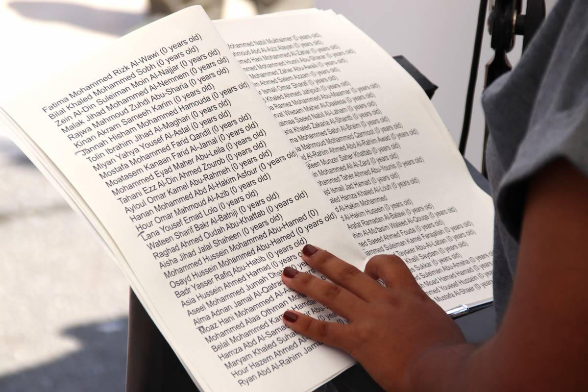 Detall dels fulls amb els noms, cognoms i edats dels infants assassinats - Mariona Puig / ACN Detall dels fulls amb els noms, cognoms i edats dels infants assassinats