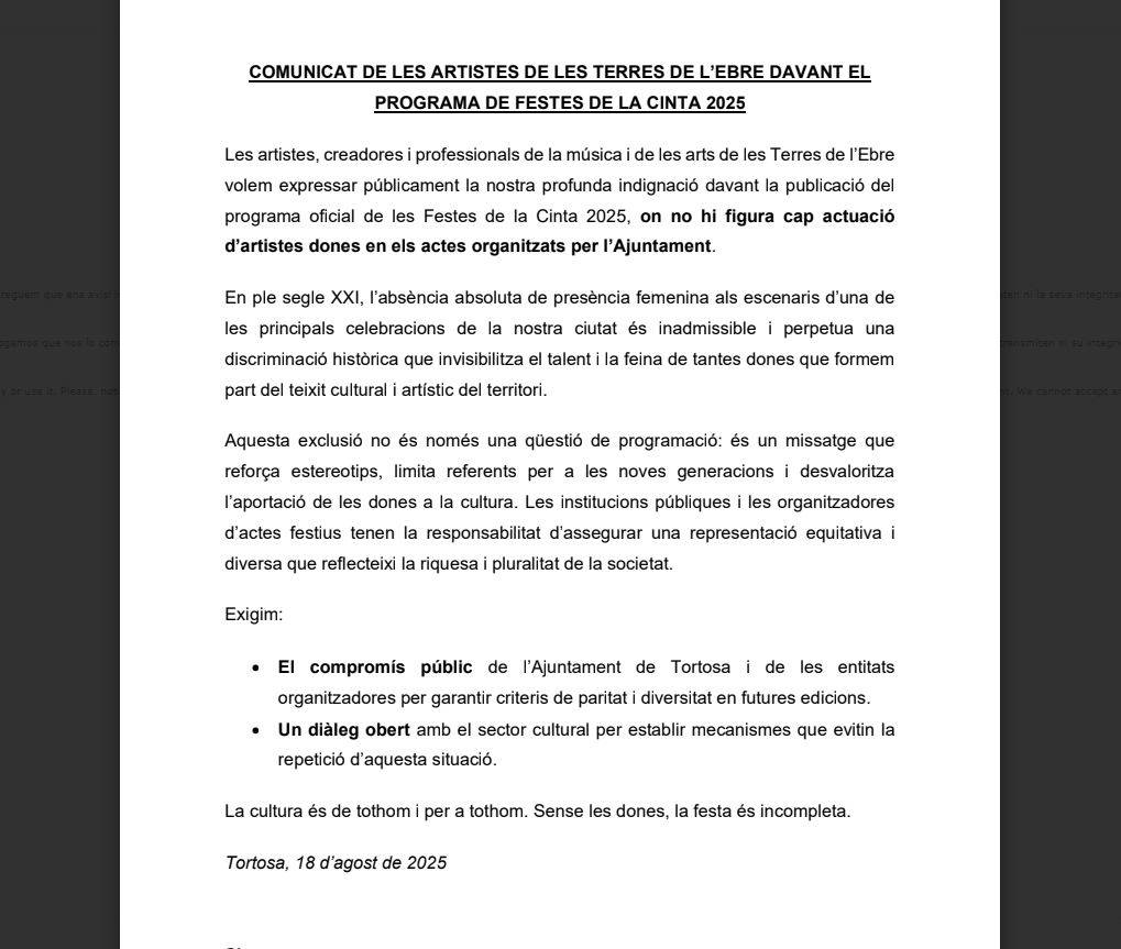 Artistes ebrencs denuncien l’absència de dones al programa de les Festes de la Cinta 2025