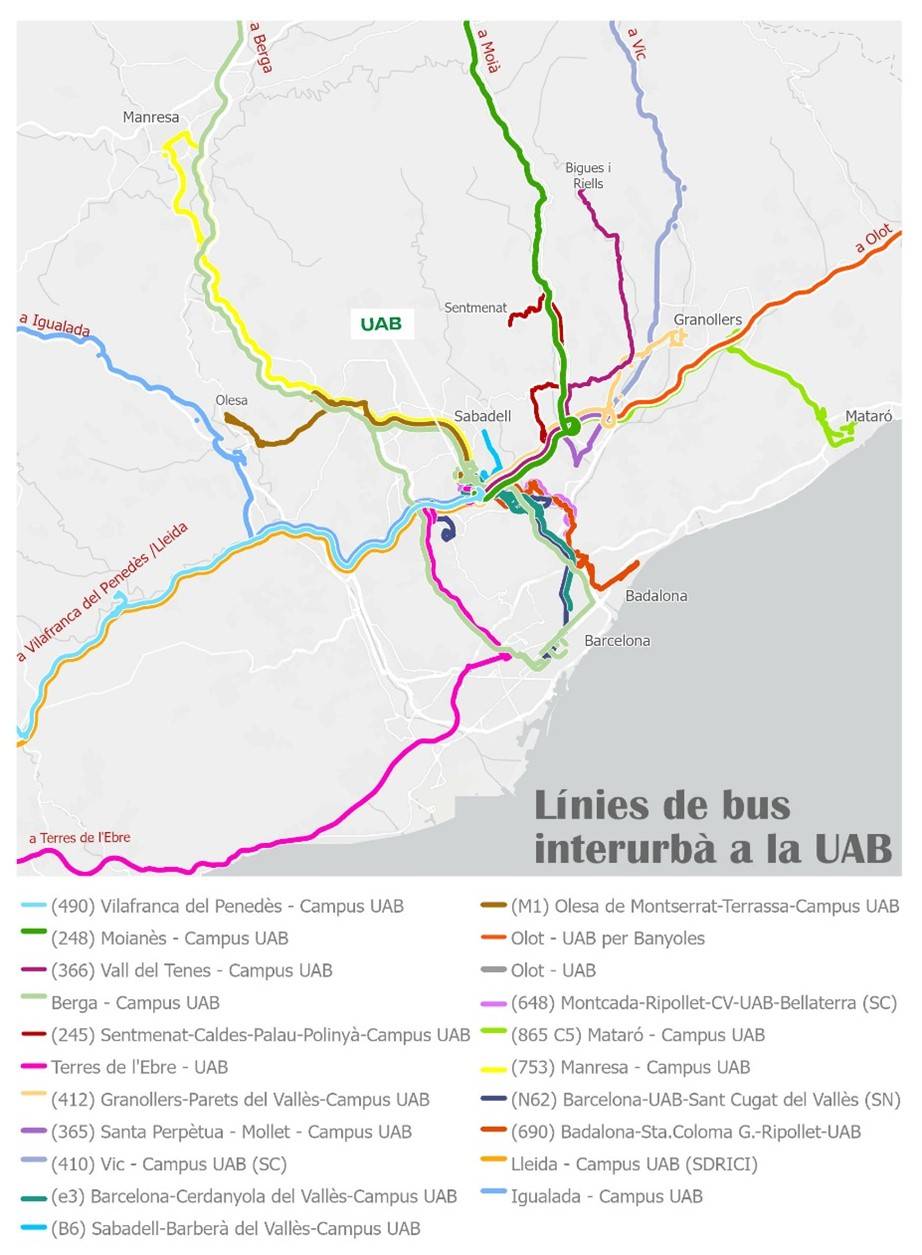 Mapa de línies d`autobús interurbanes a la UAB