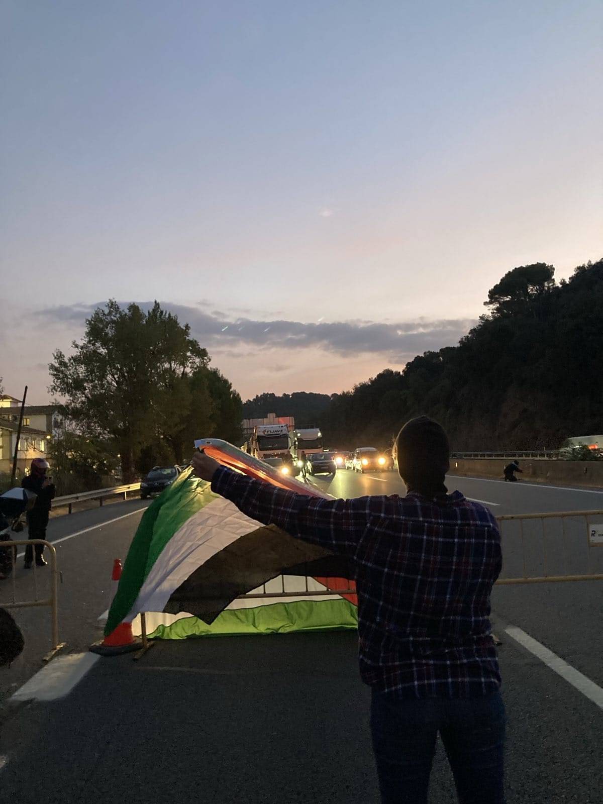 Un manifestant amb una bandera palestina a l'AP-7. - Cedida