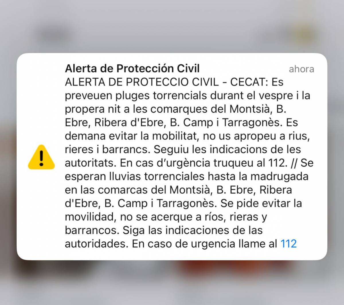 El missatge enviat per Protecció Civil - Nació