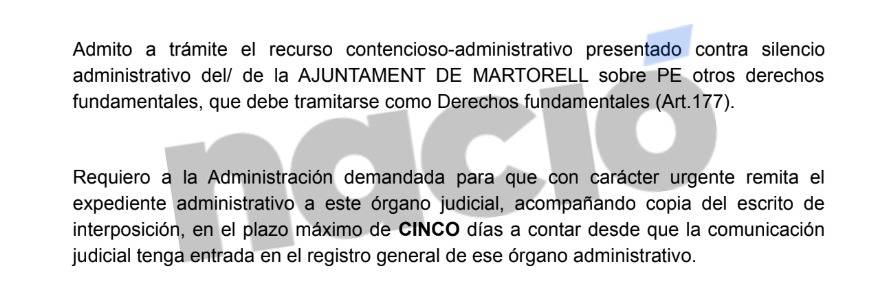 Confirmació de l`admissió a tràmit de la demanda contra l`ajuntament de Martorell - Nació Confirmació de l`admissió a tràmit de la demanda contra l`ajuntament de Martorell