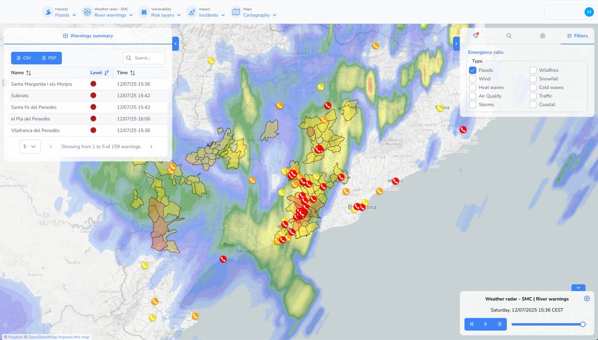 Visualització a la plataforma d`avís d`inundacions, desbordament de rius i trucades d`emergència - Cedida Visualització a la plataforma d`avís d`inundacions, desbordament de rius i trucades d`emergència