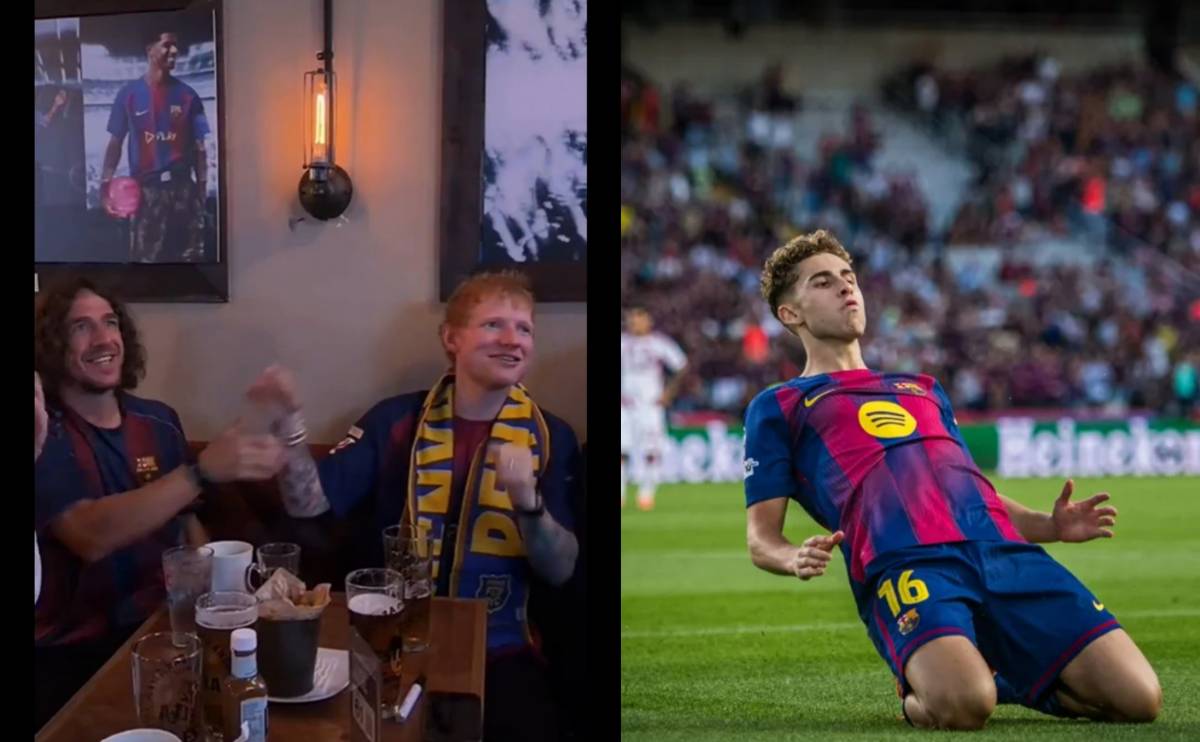 Així ha estat l'eufòrica reacció d'Ed Sheeran i Puyol al gol del Barça