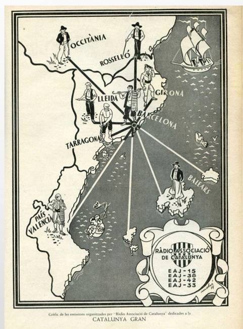 Mapa dels Països Catalans en un segell de Palestra i a la revista Catalunya Ràdio de Ràdio Associació de Catalunya.