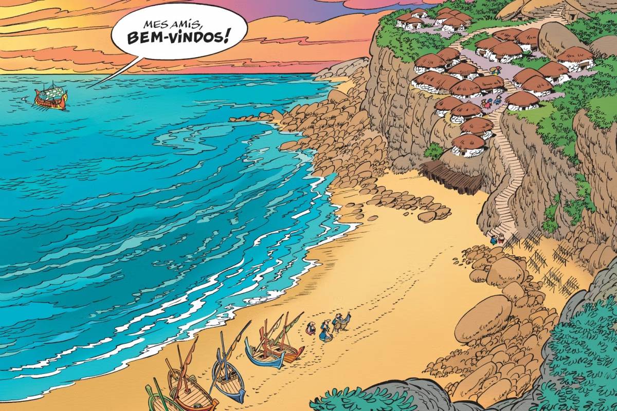 Vinyeta original que recull l’arribada del vaixell que transporta Astèrix i Obèlix fins a les costes de Lusitània - Les Éditions Albert Réné Vinyeta original que recull l’arribada del vaixell que transporta Astèrix i Obèlix fins a les costes de Lusitània