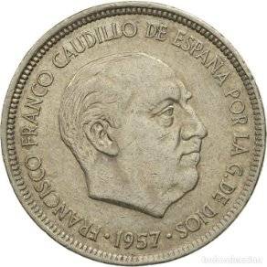 Segell de correus i moneda de Franco, “caudillo de España por la gracia de Dios”.