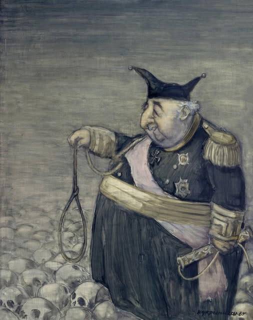 El dictador, envoltat de cranis d’afusellats, en un dibuix de Kukrynisky, pseudònim col·lectiu de tres dibuixants soviètics (1965)