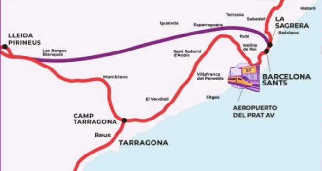 La variant del recorregut de l'AVE, en lila, plantejada pel Ministeri de Transports - Cedida