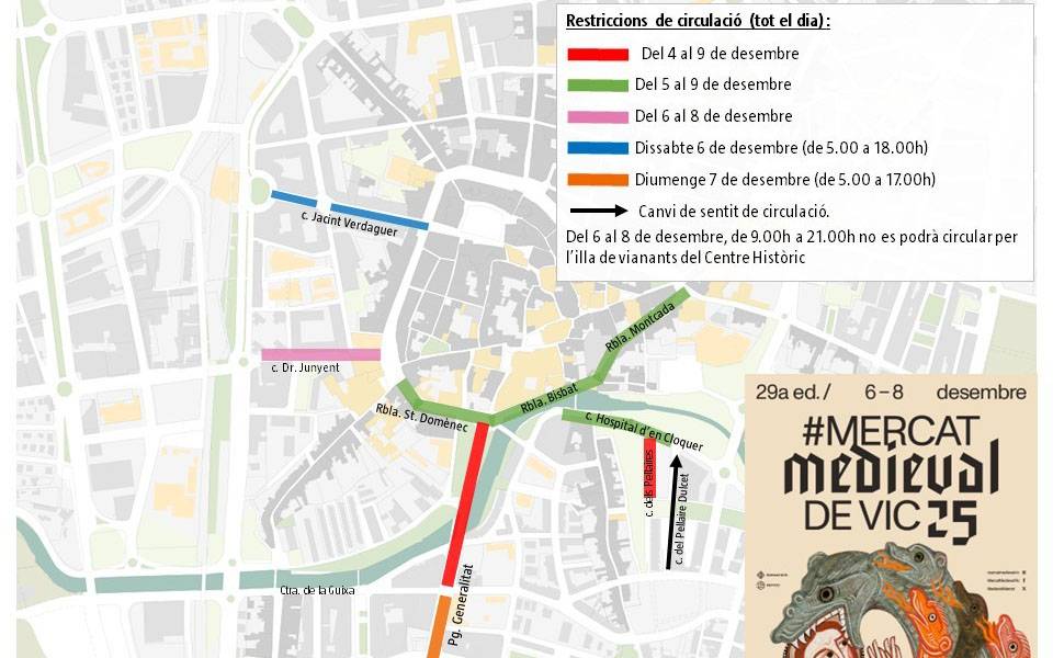 Mapa de les restriccions de la mobilitat durant el Mercat Medieval de Vic 2025.