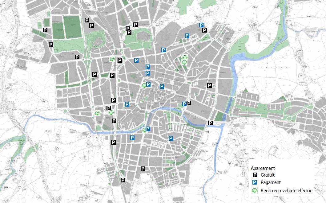 Mapa dels aparcaments disponibles pel Mercat Medieval de Vic 2025.