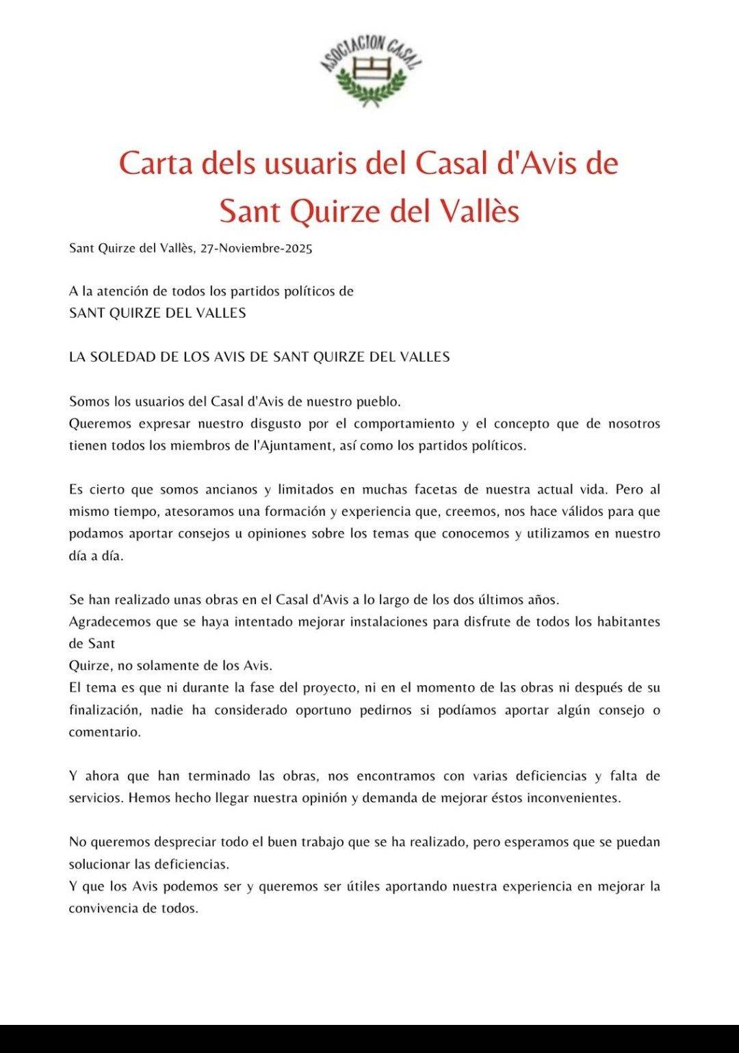 Carta de l`Associació Casal dirigida a l`Ajuntament