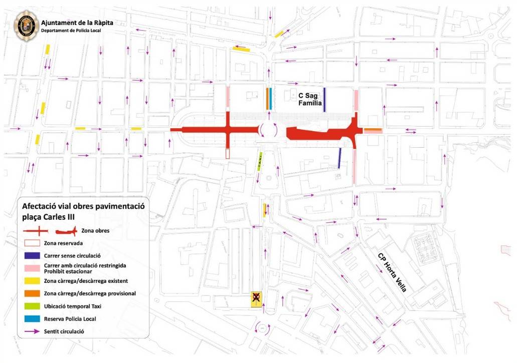 Plànol de la Ràpita amb les afectacions ocasionades per les obres d`arrenjament de la plaça Carles III. - Ajuntament de la Ràpita Plànol de la Ràpita amb les afectacions ocasionades per les obres d`arrenjament de la plaça Carles III.