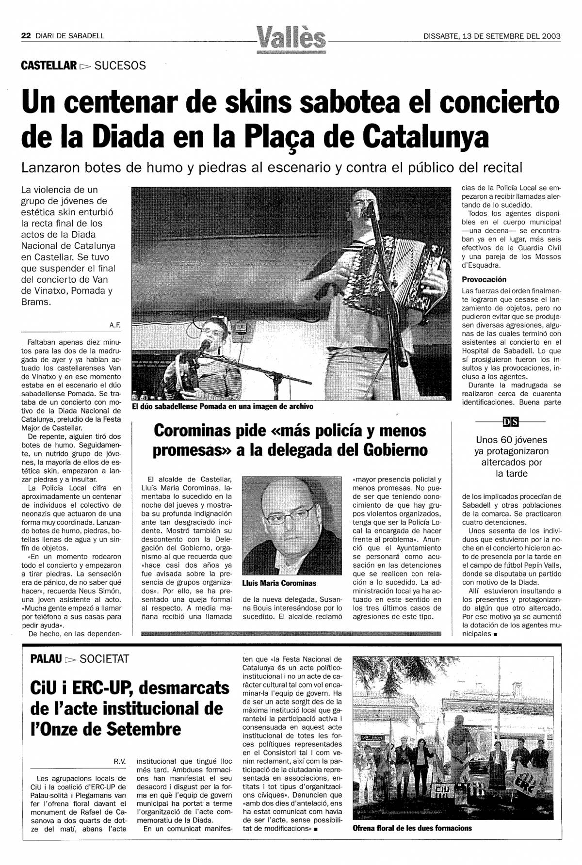 Crònica dels coneguts com `Fets de Castellar` al Diari de Sabadell, el setembre del 2003