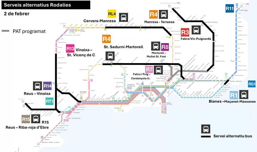 Mapa temporal del servei de Rodalies de Catalunya per aquest dilluns - Rodalies Mapa temporal del servei de Rodalies de Catalunya per aquest dilluns