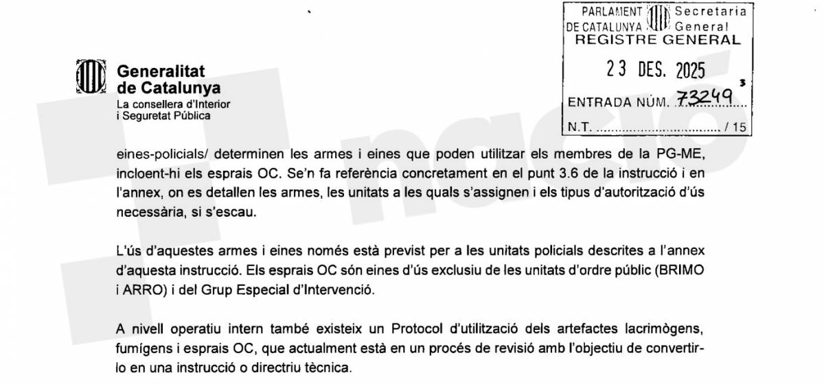 Fragment de la resposta del Departament d`Interior sobre l`esprai pebre - Nació Fragment de la resposta del Departament d`Interior sobre l`esprai pebre