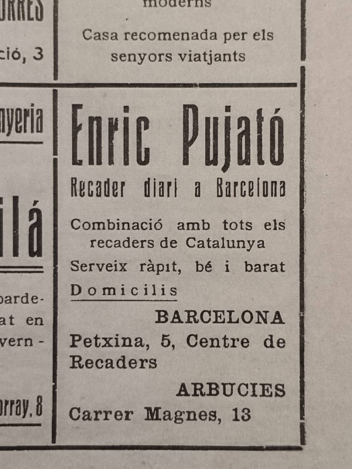Anunci en el diari Baix Montseny d`un "recader" d`Arbúcies.