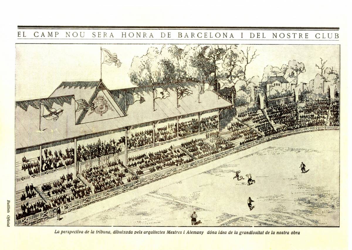 El projecte de nova tribuna per al futur estadi de les Corts, coronat amb una senyera estelada. - Butlletí oficial del FC Barcelona