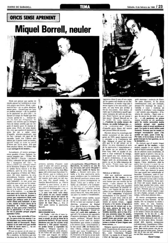 Un article de l`avi de Miquel Borrell al Diari de Sabadell, l`any 1986 - DS Un article de l`avi de Miquel Borrell al Diari de Sabadell, l`any 1986