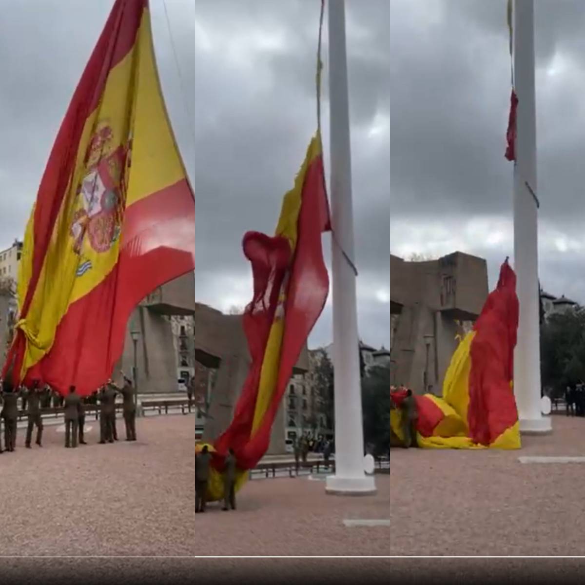 Una bandera espanyola gegant es trenca mentre uns militars intentaven hissar-la
