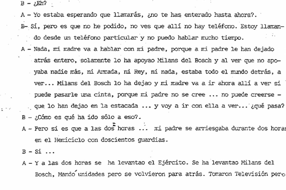 Transcripció de la conversa telefònica de la Guàrdia Civil durant el 23-F