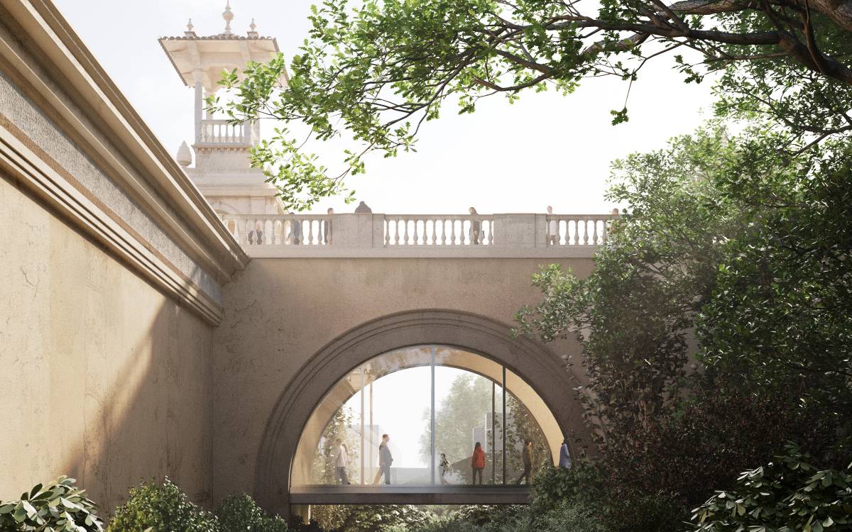 Imatge del projecte arquitectònic amb la vista del passadís cobert de connexió entre els dos palaus - MNAC