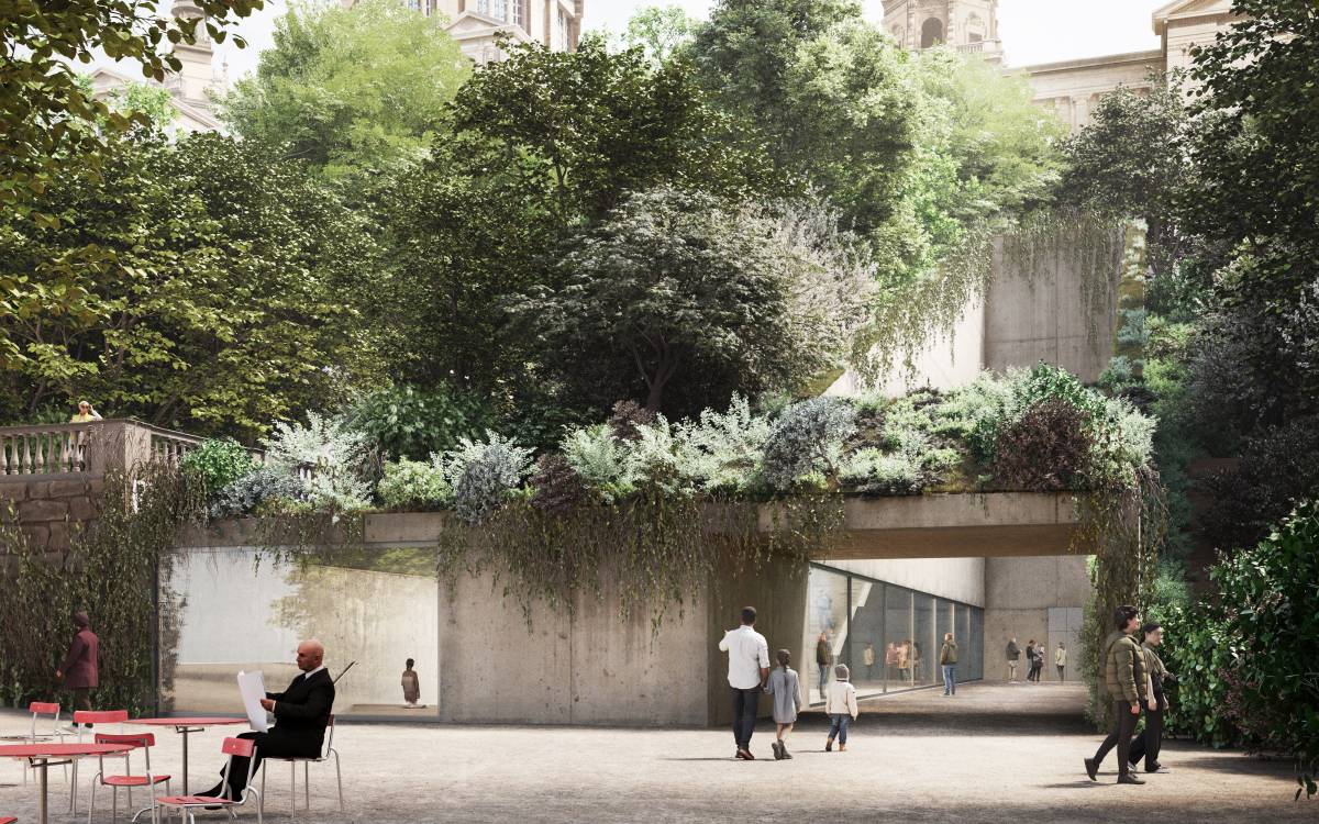 Imatge del projecte arquitectònic amb la vista de la connexió entre els dos edificis - MNAC