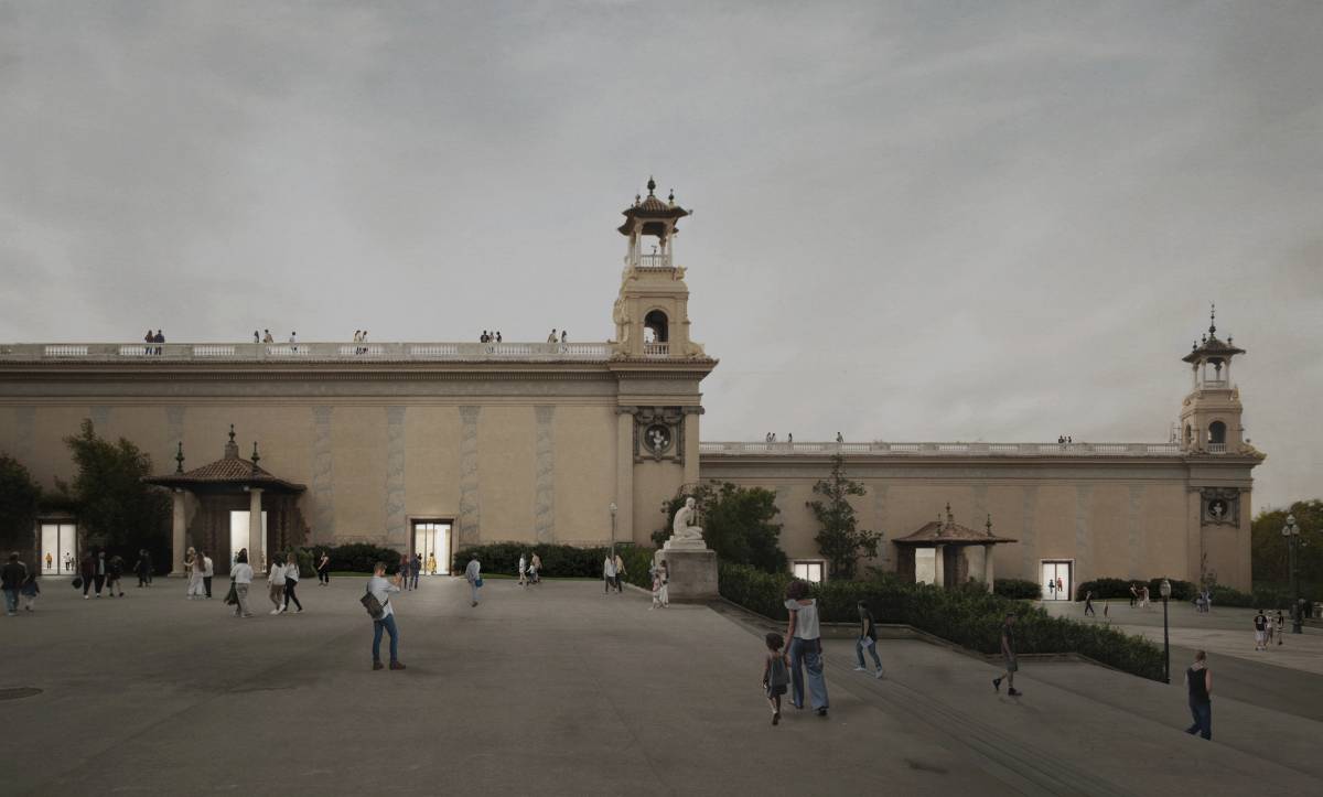 Vista de la façana lateral del Palau Victòria Eugènia, plaça de les Cascades - MNAC (Cedida) Vista de la façana lateral del Palau Victòria Eugènia, plaça de les Cascades