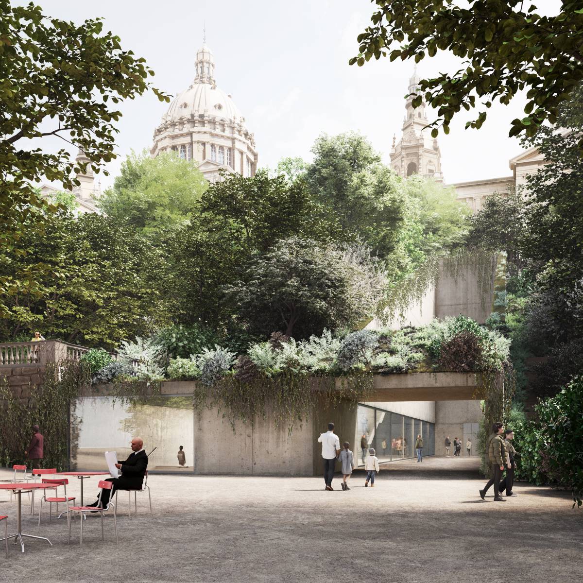 Vista de la connexió entre els dos edificis des del passeig de Forestier - MNAC (Cedida) Vista de la connexió entre els dos edificis des del passeig de Forestier