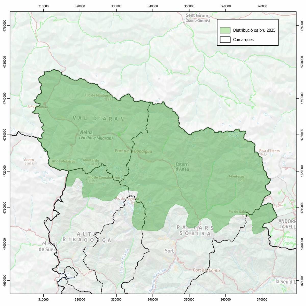 Mapa de distribució de l`os bru a Catalunya