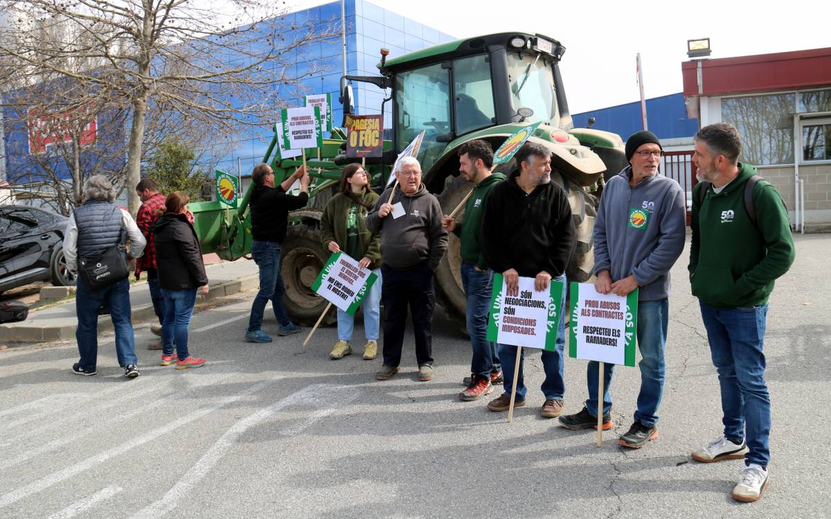 Els ramaders es mobilitzen davant la central de Pascual a Gurb per denunciar la baixada del preu de la llet.
