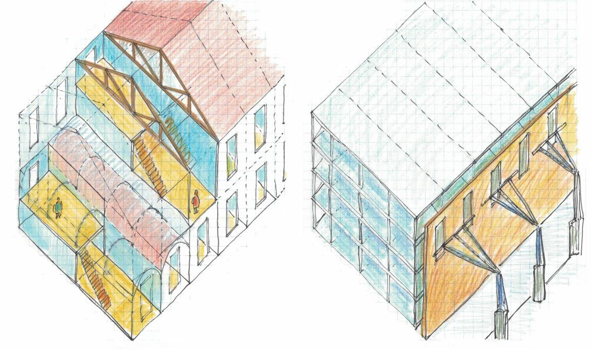 Dibuix del projecte que hauria estat possible i, al costat, el que hi ha actualment