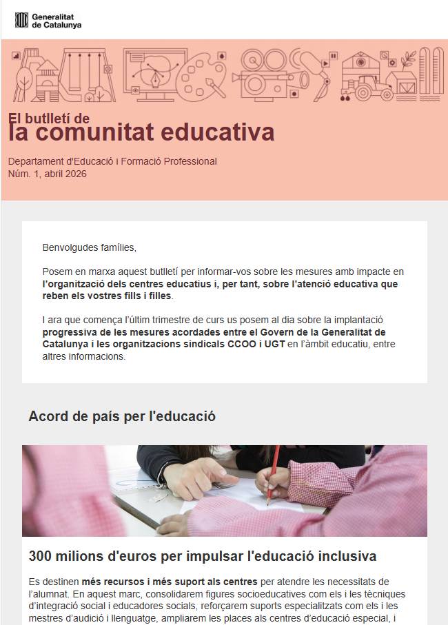 Educació envia un correu a les famílies per defensar l`acord amb CCOO i UGT