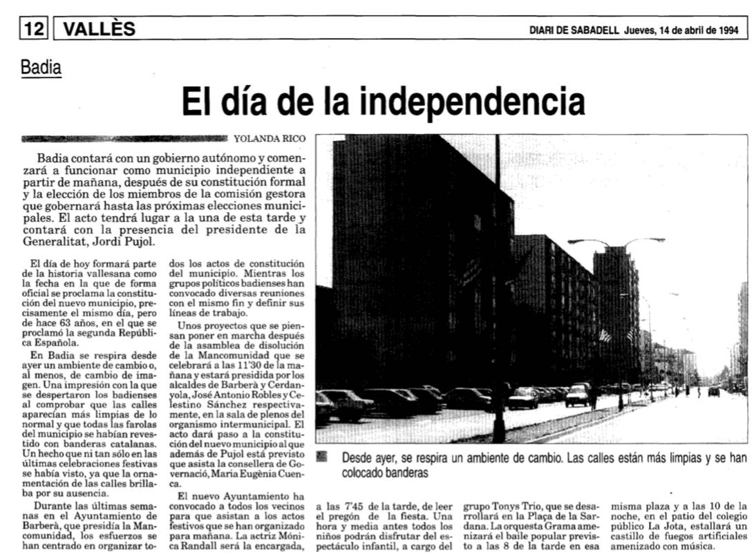 El Diari de Sabadell del 14 d`abril de 1994 explicava la independència de Badia - D.S. El Diari de Sabadell del 14 d`abril de 1994 explicava la independència de Badia