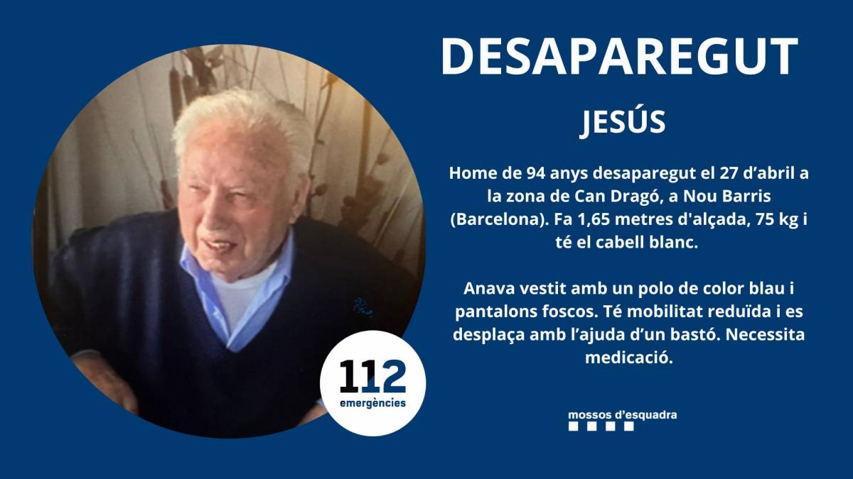 Busquen un home de 94 anys desaparegut a Barcelona: «Necessita medicació»