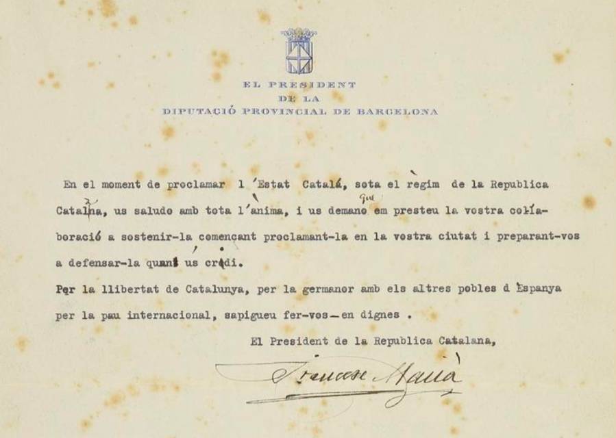 Surt a subhasta un esborrany de la proclamació de la República Catalana signat per Francesc Macià
