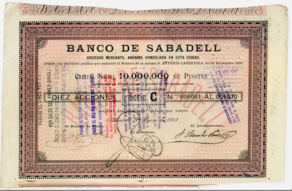 Primera acció de l’entitat Banc de Sabadell (1889)