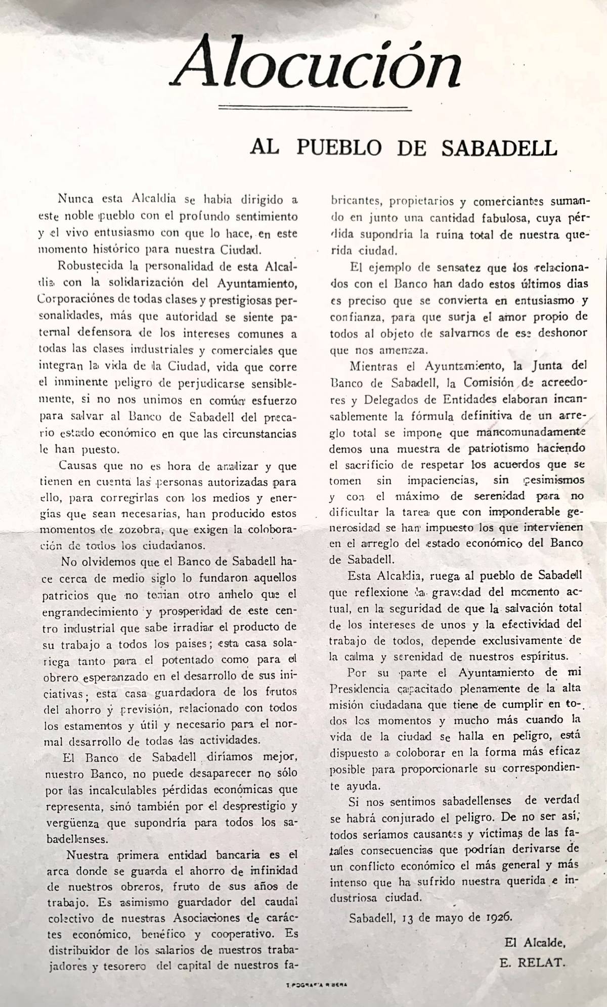 Missatge de l`alcalde Relat a la ciutadania