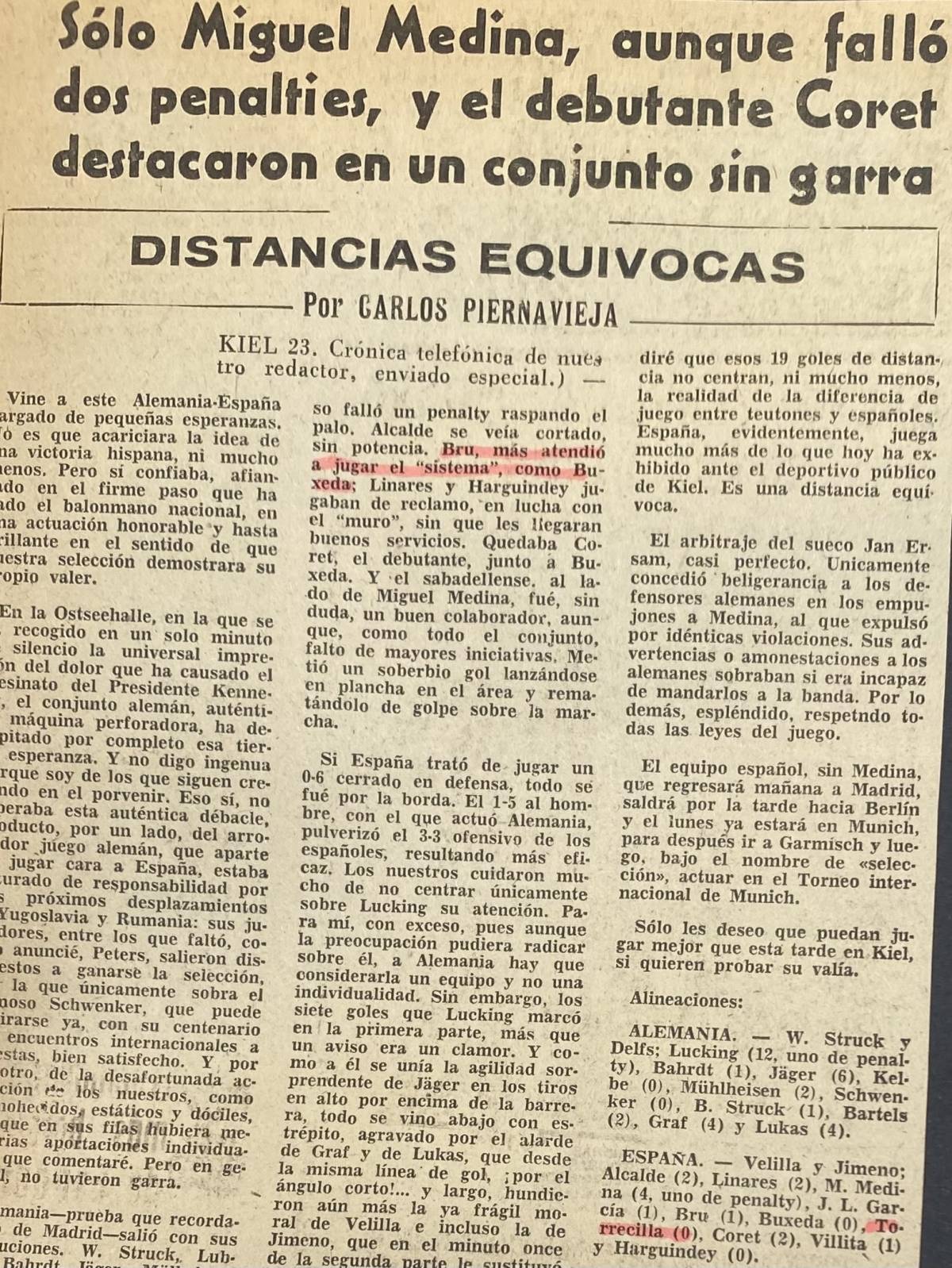 La crònica del debut amb la selecció, amb menció de Coret en el titular