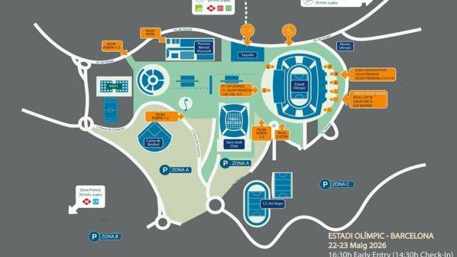 El mapa d`accessos a l`Estadi Olímpic Lluís Companys de Montjuïc