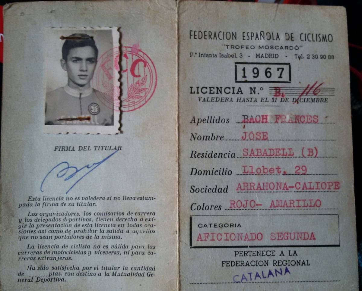 La seva fitxa de la Federació Espanyola de Ciclisme l`any 1967 - Cedida La seva fitxa de la Federació Espanyola de Ciclisme l`any 1967