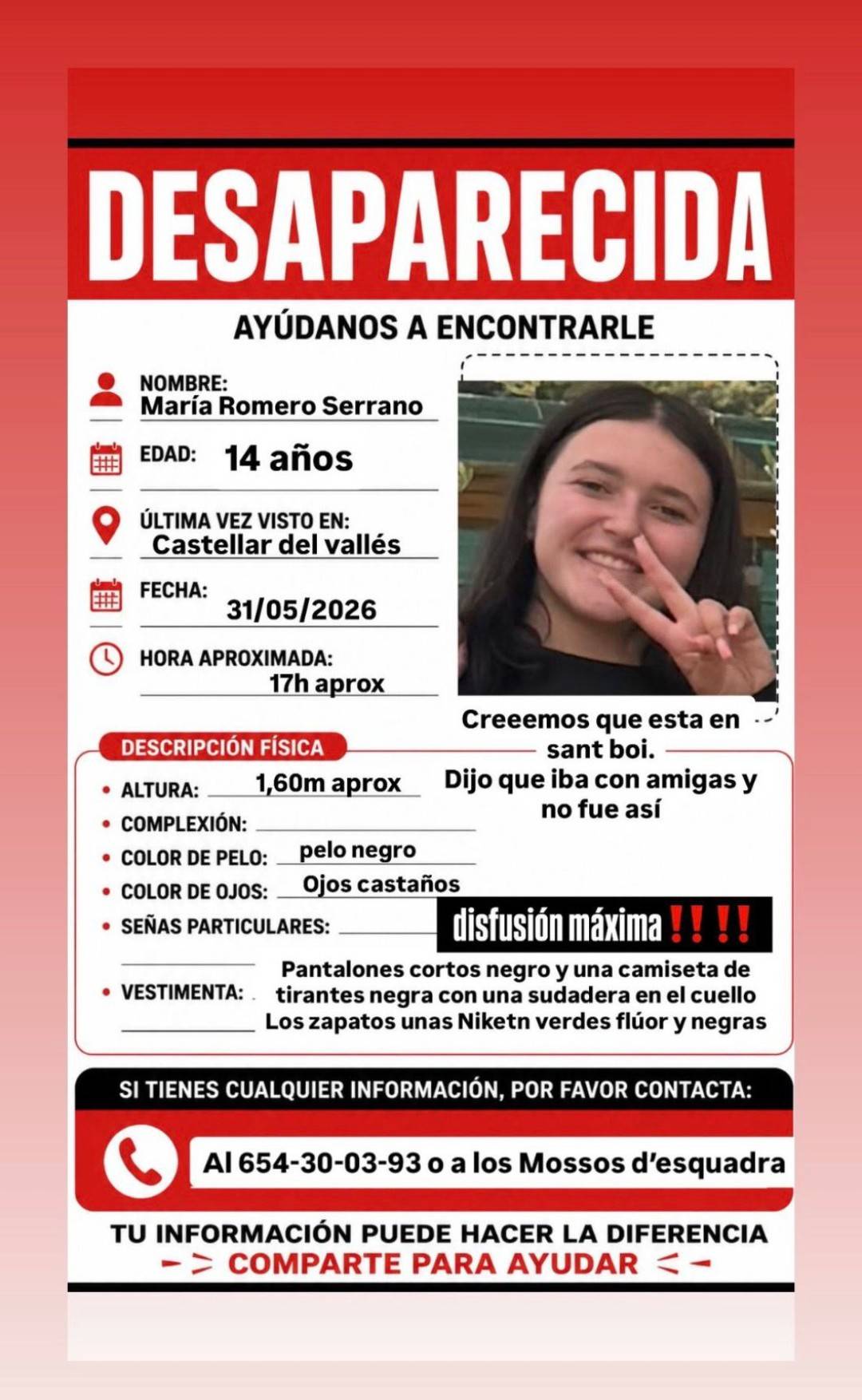 Busquen una menor desapareguda diumenge a la tarda - Cedida Busquen una menor desapareguda diumenge a la tarda
